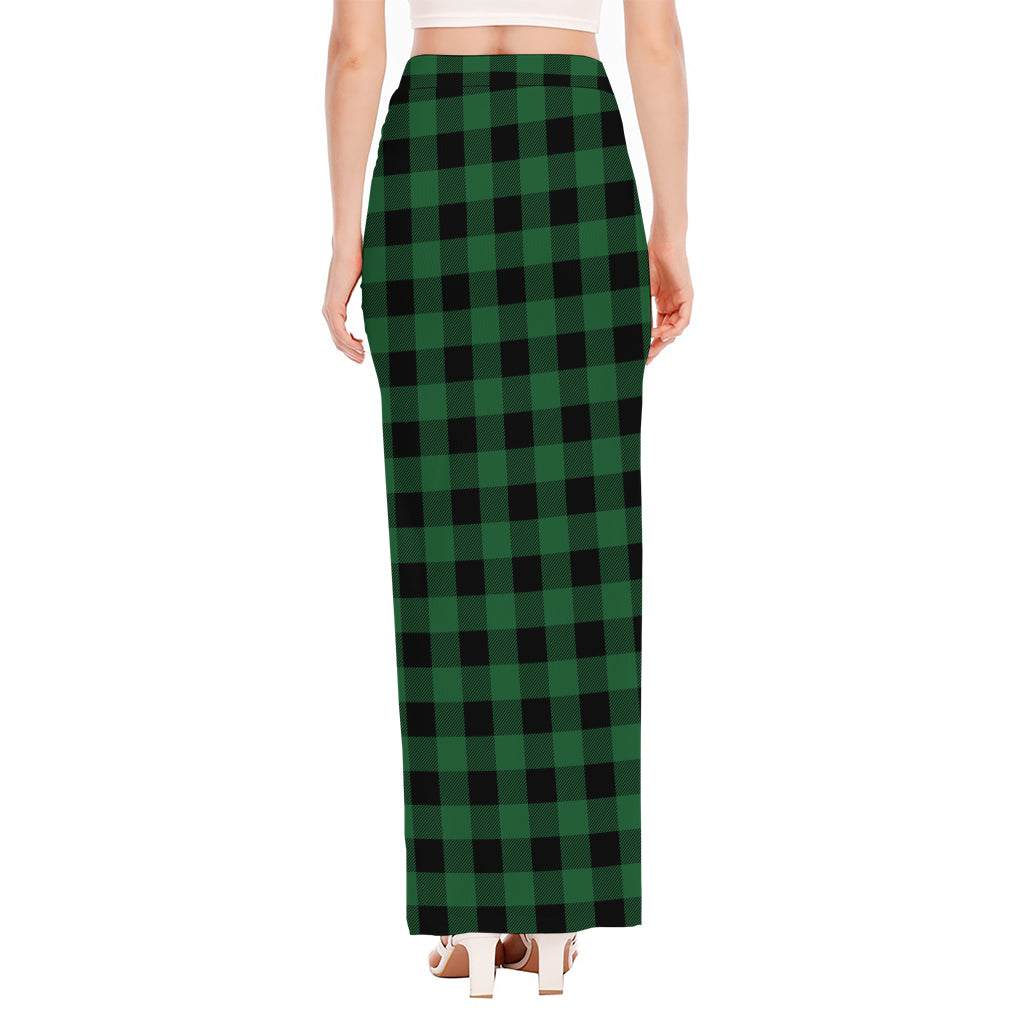 Green And Black Buffalo Check Print High Slit Maxi Skirt