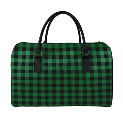 Green And Black Buffalo Check Print Leather Duffle Bag