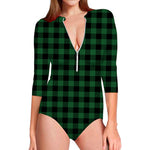 Green And Black Buffalo Check Print Long Sleeve Swimsuit