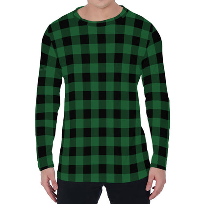 Green And Black Buffalo Check Print Men's Long Sleeve T-Shirt