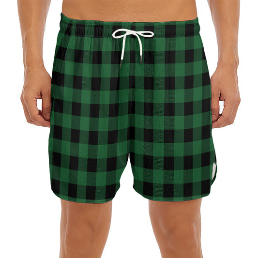 Green And Black Buffalo Check Print Men's Split Running Shorts