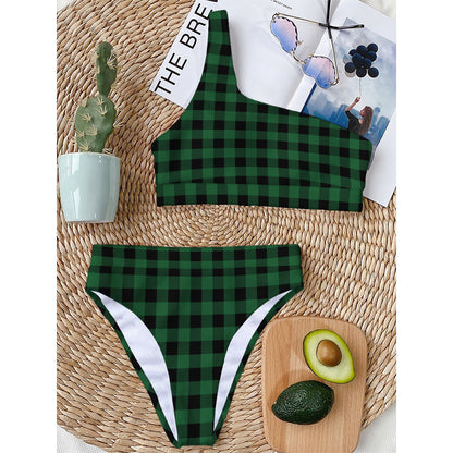Green And Black Buffalo Check Print One Shoulder Bikini Top