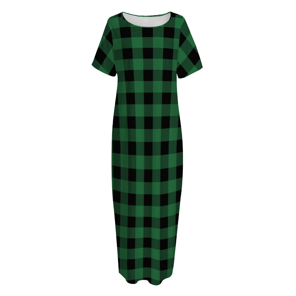 Green And Black Buffalo Check Print Short Sleeve Long Nightdress