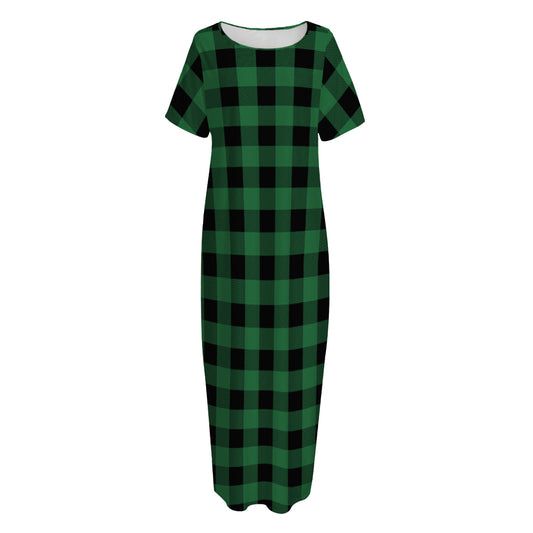 Green And Black Buffalo Check Print Short Sleeve Long Nightdress
