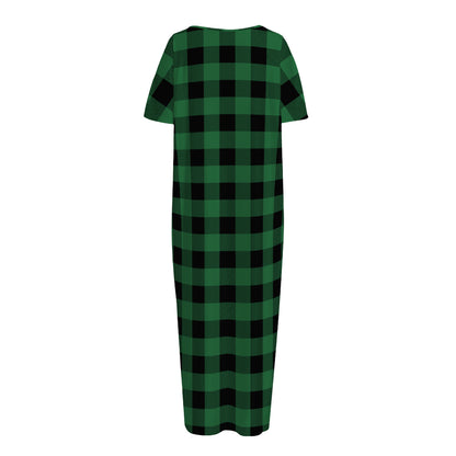 Green And Black Buffalo Check Print Short Sleeve Long Nightdress