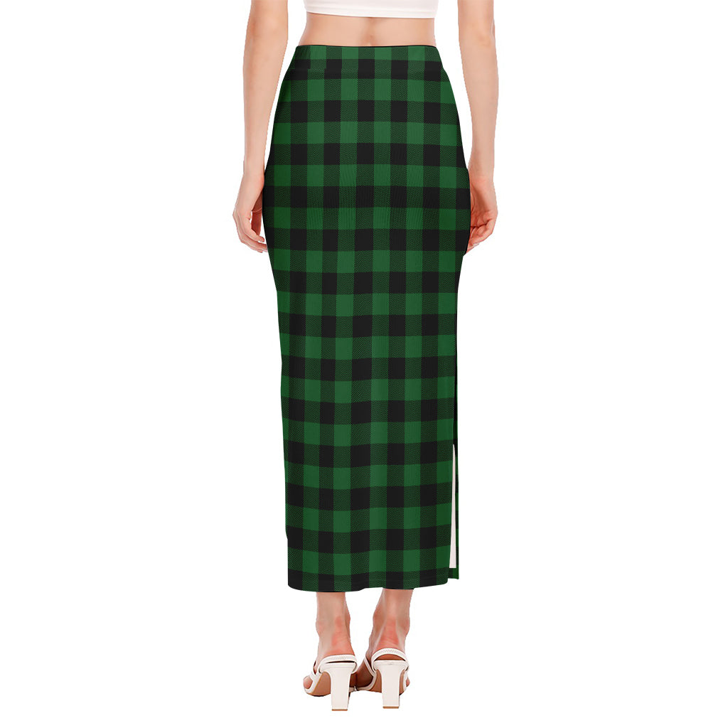 Green And Black Buffalo Check Print Side Slit Maxi Skirt