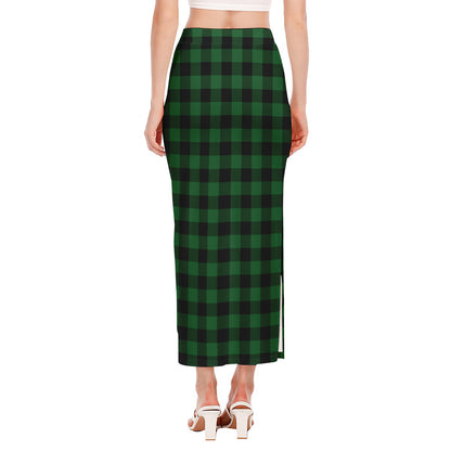 Green And Black Buffalo Check Print Side Slit Maxi Skirt