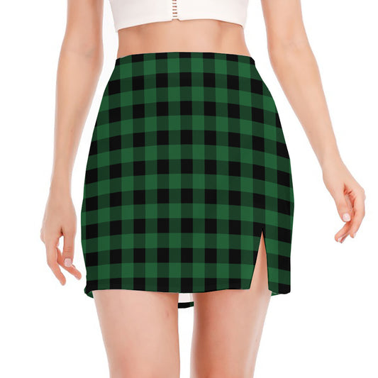 Green And Black Buffalo Check Print Side Slit Mini Skirt