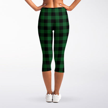 Green And Black Buffalo Check Print Women's Capri Leggings