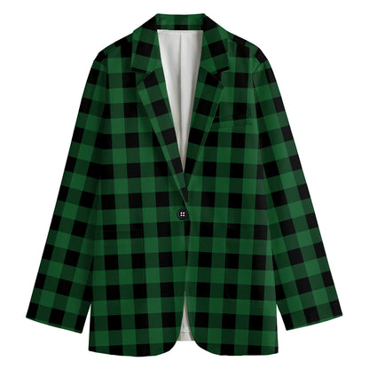 Green And Black Buffalo Check Print Women's Cotton Blazer