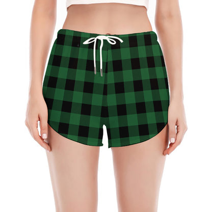 Green And Black Buffalo Check Print Women's Split Running Shorts
