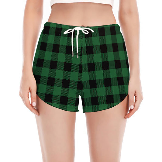Green And Black Buffalo Check Print Women's Split Running Shorts