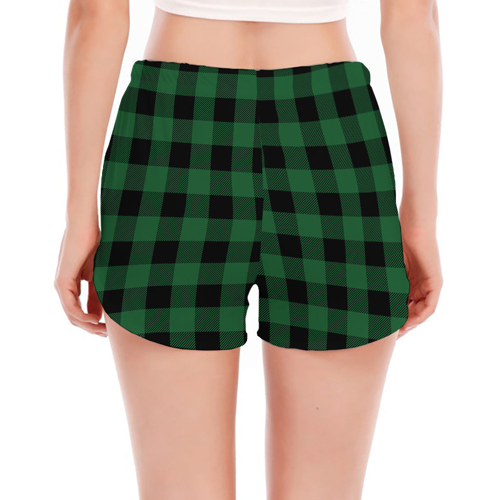 Green And Black Buffalo Check Print Women's Split Running Shorts