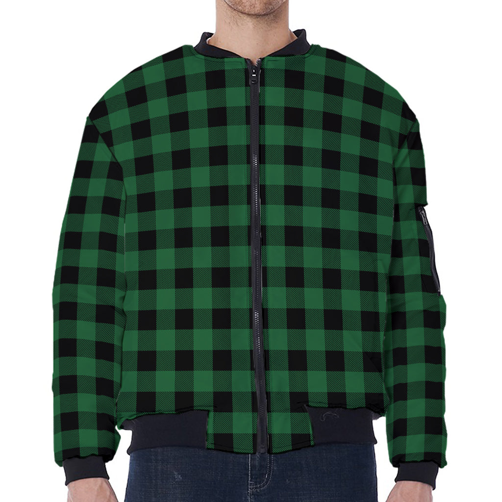 Green And Black Buffalo Check Print Zip Sleeve Bomber Jacket