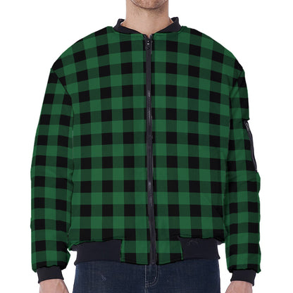 Green And Black Buffalo Check Print Zip Sleeve Bomber Jacket