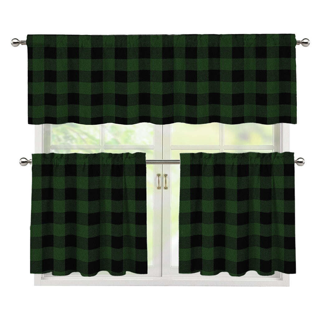 Green And Black Buffalo Plaid Print 3 Piece Kitchen Curtains