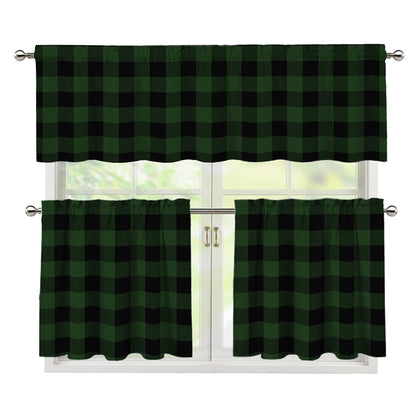 Green And Black Buffalo Plaid Print 3 Piece Kitchen Curtains
