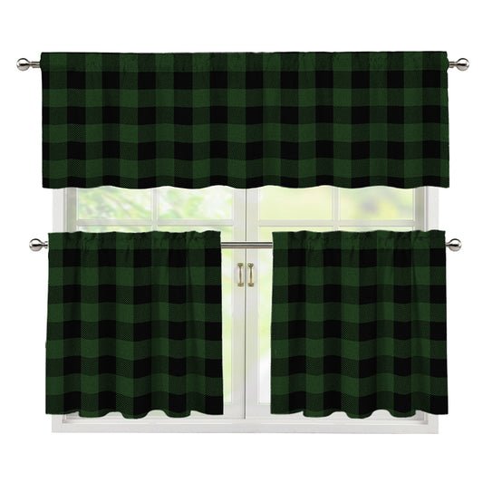 Green And Black Buffalo Plaid Print 3 Piece Kitchen Curtains
