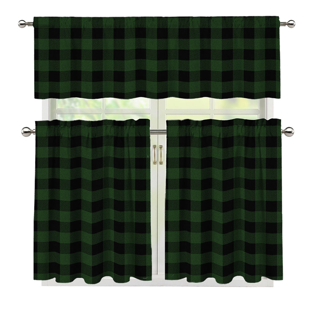 Green And Black Buffalo Plaid Print 3 Piece Kitchen Curtains