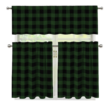Green And Black Buffalo Plaid Print 3 Piece Kitchen Curtains