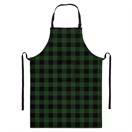 Green And Black Buffalo Plaid Print Bib Apron With Pocket