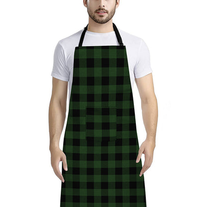 Green And Black Buffalo Plaid Print Bib Apron With Pocket