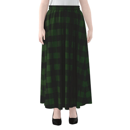 Green And Black Buffalo Plaid Print Chiffon Maxi Skirt