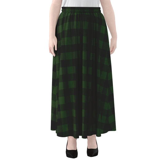 Green And Black Buffalo Plaid Print Chiffon Maxi Skirt