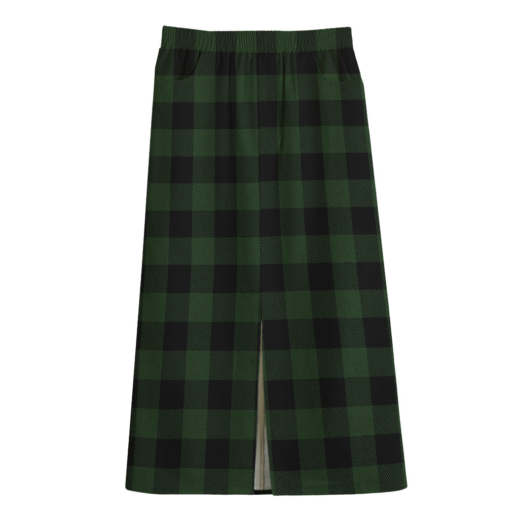 Green And Black Buffalo Plaid Print Cotton Front Slit Maxi Skirt