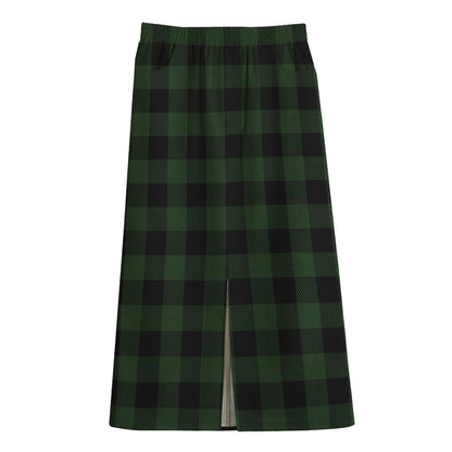 Green And Black Buffalo Plaid Print Cotton Front Slit Maxi Skirt