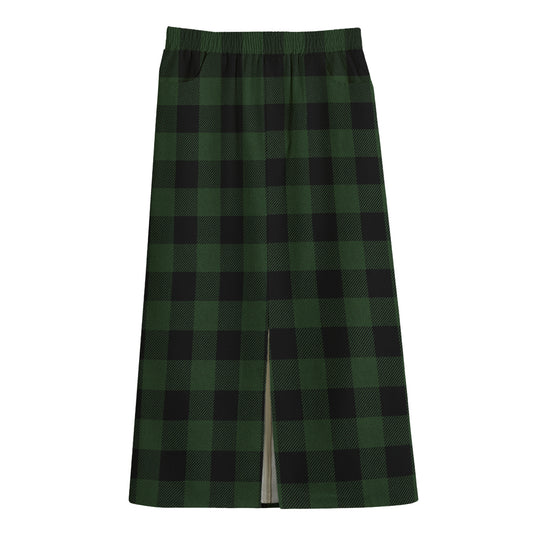 Green And Black Buffalo Plaid Print Cotton Front Slit Maxi Skirt