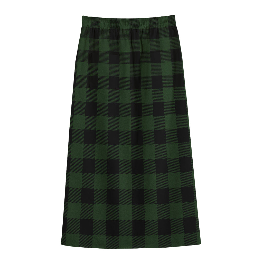 Green And Black Buffalo Plaid Print Cotton Front Slit Maxi Skirt
