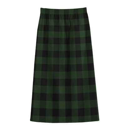 Green And Black Buffalo Plaid Print Cotton Front Slit Maxi Skirt