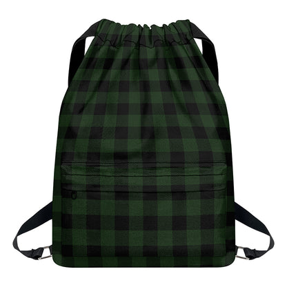Green And Black Buffalo Plaid Print Drawstring Backpack