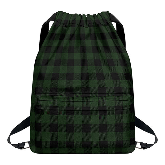 Green And Black Buffalo Plaid Print Drawstring Backpack