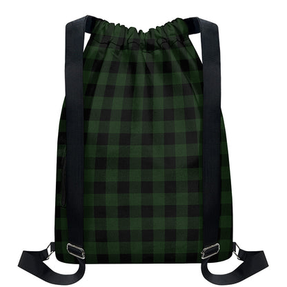 Green And Black Buffalo Plaid Print Drawstring Backpack