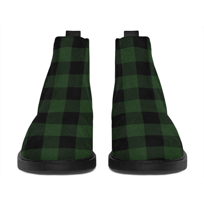 Green And Black Buffalo Plaid Print Flat Ankle Boots
