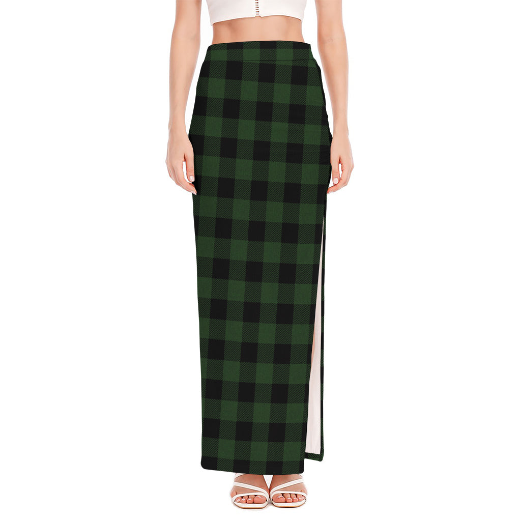 Green And Black Buffalo Plaid Print High Slit Maxi Skirt