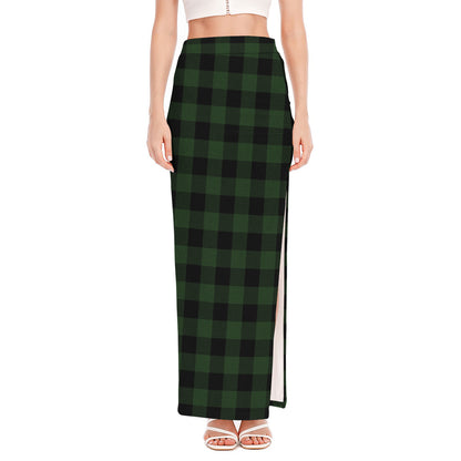 Green And Black Buffalo Plaid Print High Slit Maxi Skirt
