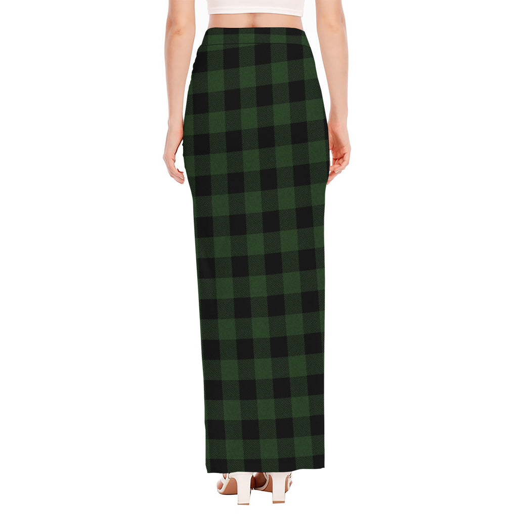 Green And Black Buffalo Plaid Print High Slit Maxi Skirt