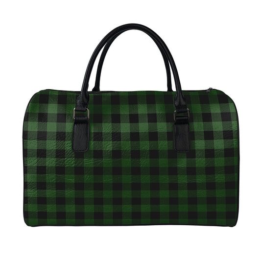 Green And Black Buffalo Plaid Print Leather Duffle Bag