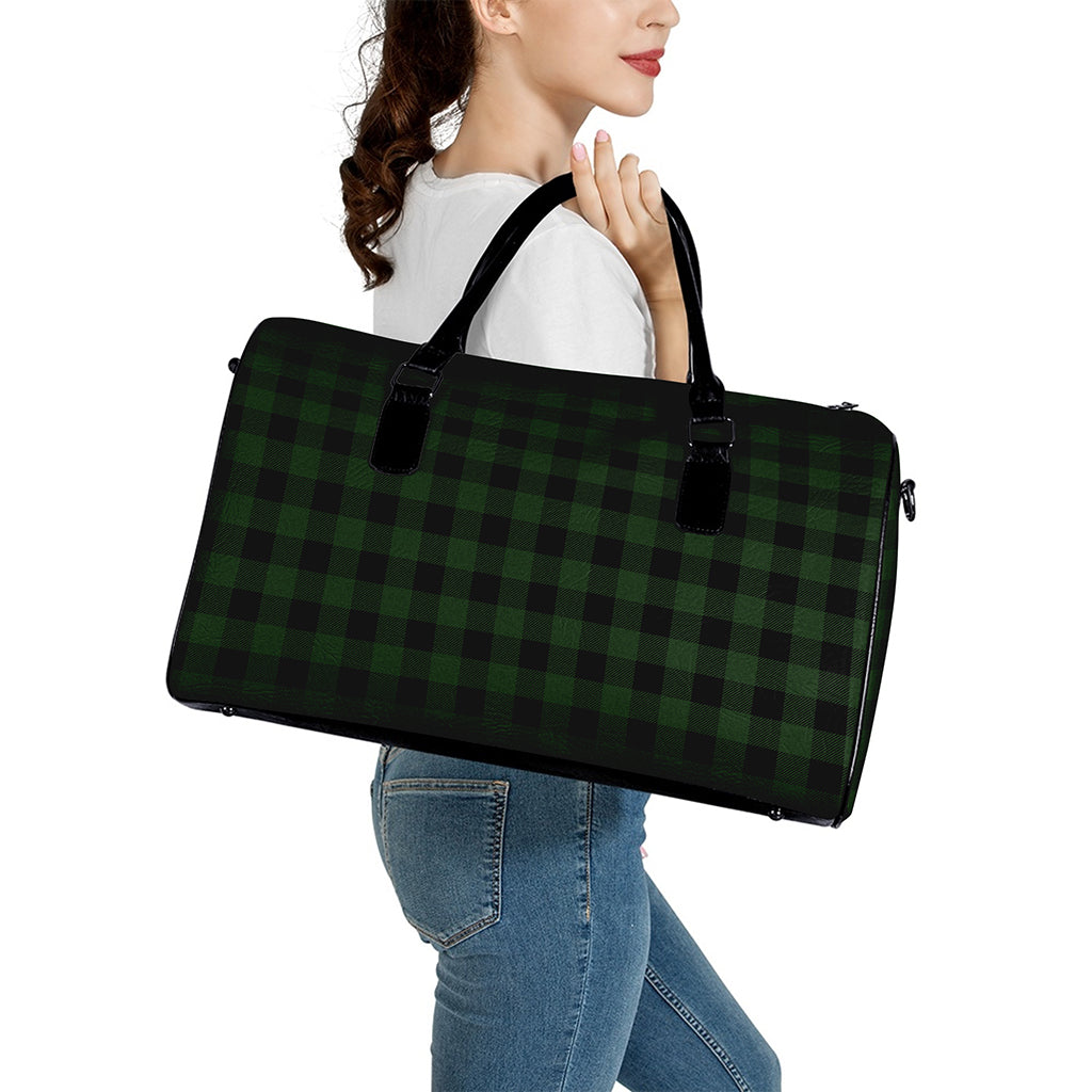 Green And Black Buffalo Plaid Print Leather Duffle Bag