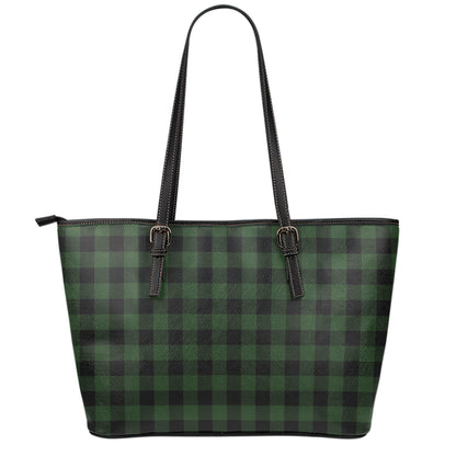 Green And Black Buffalo Plaid Print Leather Tote Bag