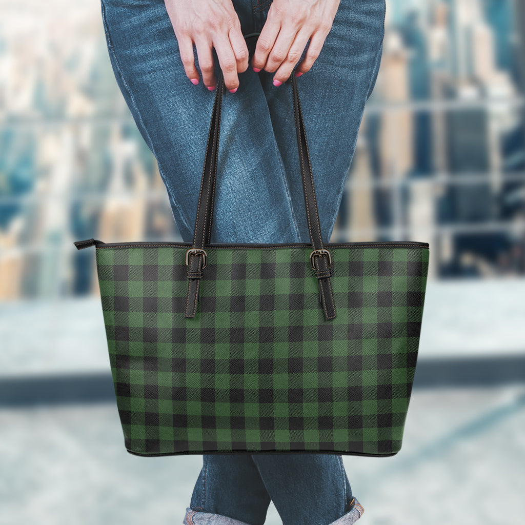 Green And Black Buffalo Plaid Print Leather Tote Bag