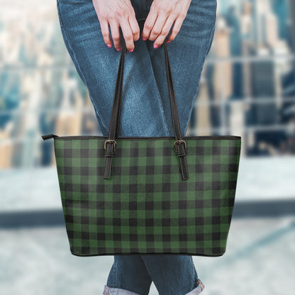 Green And Black Buffalo Plaid Print Leather Tote Bag