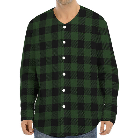 Green And Black Buffalo Plaid Print Long Sleeve Baseball Jersey