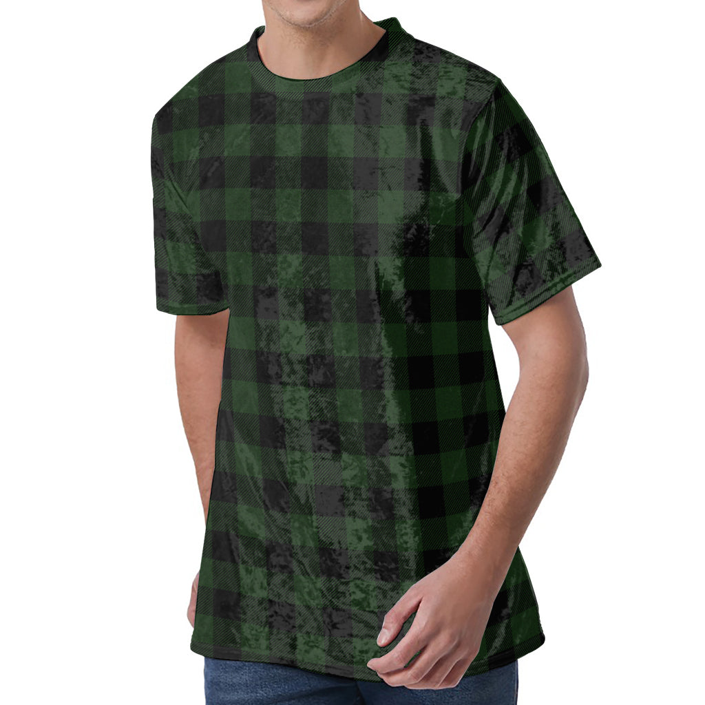 Green And Black Buffalo Plaid Print Men's Velvet T-Shirt