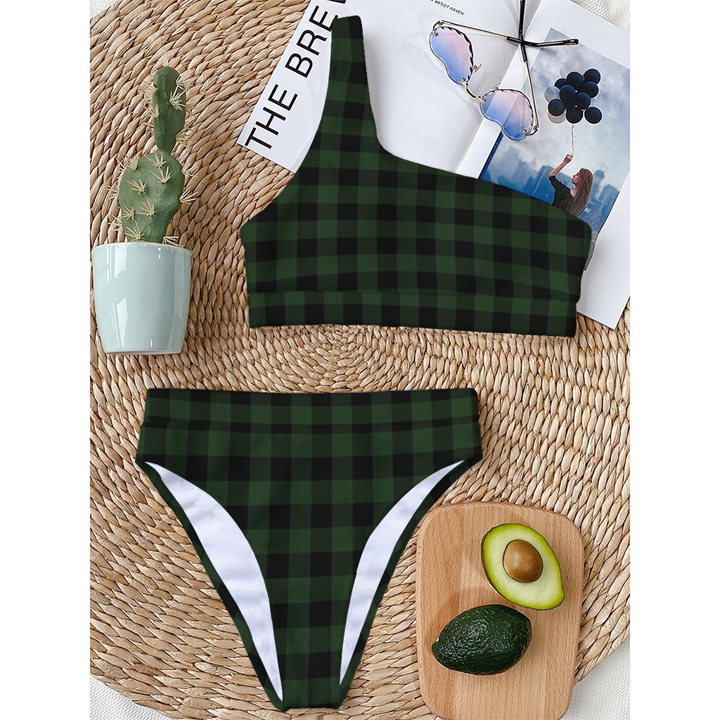 Green And Black Buffalo Plaid Print One Shoulder Bikini Top