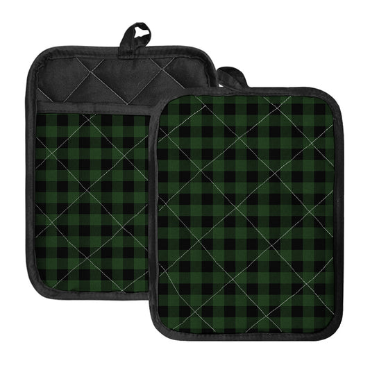 Green And Black Buffalo Plaid Print Pot Holders With Pocket