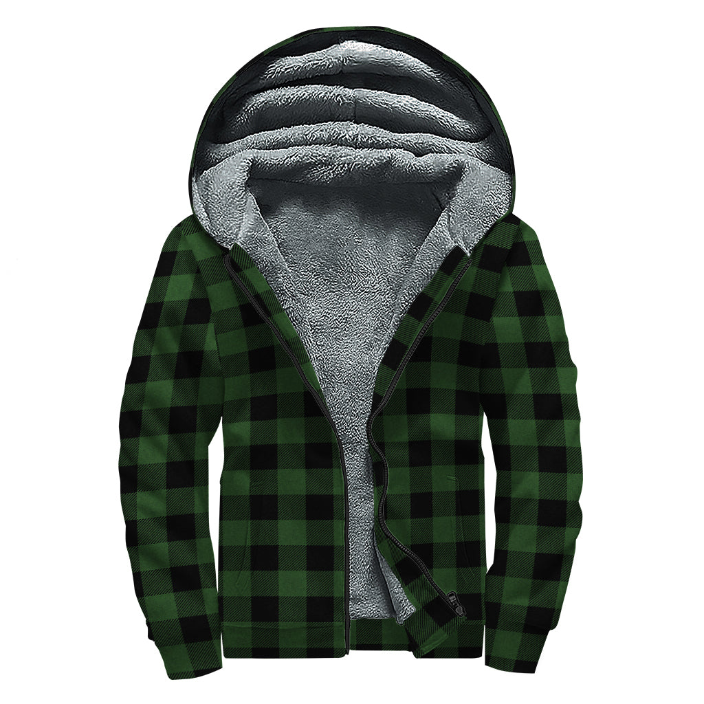 Green And Black Buffalo Plaid Print Sherpa Lined Zip Up Hoodie